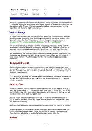 Mergesort      O(N*logN)         O(N*logN)         Fair                 Yes

 Heapsort       O(N*logN)         O(N*logN)         Fair                 No




 Table 15.3 summarizes the running time for various sorting algorithms. The column labeled
 Comparison attempts to estimate the minor speed differences between algorithms with the
 same average Big O times. (There's no entry for Shellsort because there are no other
 algorithms with the same Big O performance.)

External Storage
 In the previous discussion we assumed that data was stored in main memory. However,
 amounts of data too large to store in memory must be stored in external storage, which
 generally means disk files. We discussed external storage in the second parts of
 Chapters 10, "2-3-4 Tables and External Storage," and 11, "Hash Tables."

 We assumed that data is stored in a disk file in fixed-size units called blocks, each of
 which holds a number of records. (A record in a disk file holds the same sort of data as
 an object in main memory.) Like an object, a record has a key value used to access it.

 We also assumed that reading and writing operations always involve a single block, and
 these read and write operations are far more time-consuming than any processing of
 data in main memory. Thus for fast operation the number of disk accesses must be
 minimized.

 Sequential Storage
 The simplest approach is to store records randomly and read them sequentially when
 searching for one with a particular key. New records can simply be inserted at the end of
 the file. Deleted records can be marked as deleted, or records can be shifted down (as in
 an array) to fill in the gap.

 On the average, searching and deletion will involve reading half the blocks, so sequential
 storage is not very fast, operating in O(N) time. Still, it might be satisfactory for a small
 number of records.

 Indexed Files
 Speed is increased dramatically when indexed files are used. In this scheme an index of
 keys and corresponding block numbers is kept in main memory. To access a record with
 a specified key, the index is consulted. It supplies the block number for the key, and only
 one block needs to be read, taking O(1) time.

 Several indices with different kinds of keys can be used (one for last names, one for
 Social Security numbers, and so on). This scheme works well until the index becomes
 too large to fit in memory.

 Typically the index files are themselves stored on disk and read into memory as needed.

 The disadvantage of indexed files is that at some point the index must be created. This
 probably involves reading through the file sequentially, so creating the index is slow.
 Also, the index will need to be updated when items are added to the file.

 B-trees


                                                    - 519 -
 