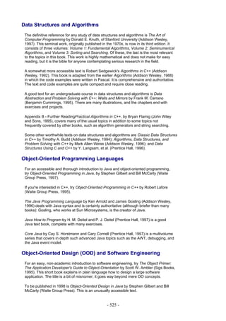 Data Structures and Algorithms
 The definitive reference for any study of data structures and algorithms is The Art of
 Computer Programming by Donald E. Knuth, of Stanford University (Addison Wesley,
 1997). This seminal work, originally published in the 1970s, is now in its third edition. It
 consists of three volumes: Volume 1: Fundamental Algorithms, Volume 2: Seminumerical
 Algorithms, and Volume 3: Sorting and Searching. Of these, the last is the most relevant
 to the topics in this book. This work is highly mathematical and does not make for easy
 reading, but it is the bible for anyone contemplating serious research in the field.

 A somewhat more accessible text is Robert Sedgewick's Algorithms in C++ (Addison
 Wesley, 1992). This book is adapted from the earlier Algorithms (Addison Wesley, 1988)
 in which the code examples were written in Pascal. It is comprehensive and authoritative.
 The text and code examples are quite compact and require close reading.

 A good text for an undergraduate course in data structures and algorithms is Data
 Abstraction and Problem Solving with C++: Walls and Mirrors by Frank M. Carrano
 (Benjamin Cummings, 1995). There are many illustrations, and the chapters end with
 exercises and projects.

 Appendix B - Further ReadingPractical Algorithms in C++, by Bryan Flamig (John Wiley
 and Sons, 1995), covers many of the usual topics in addition to some topics not
 frequently covered by other books, such as algorithm generators and string searching.

 Some other worthwhile texts on data structures and algorithms are Classic Data Structures
 in C++ by Timothy A. Budd (Addison Wesley, 1994); Algorithms, Data Structures, and
 Problem Solving with C++ by Mark Allen Weiss (Addison Wesley, 1996); and Data
 Structures Using C and C++ by Y. Langsam, et al. (Prentice Hall, 1996).

Object-Oriented Programming Languages
 For an accessible and thorough introduction to Java and object-oriented programming,
 try Object-Oriented Programming in Java, by Stephen Gilbert and Bill McCarty (Waite
 Group Press, 1997).

 If you're interested in C++, try Object-Oriented Programming in C++ by Robert Lafore
 (Waite Group Press, 1995).

 The Java Programming Language by Ken Arnold and James Gosling (Addison Wesley,
 1996) deals with Java syntax and is certainly authoritative (although briefer than many
 books): Gosling, who works at Sun Microsystems, is the creator of Java.

 Java How to Program by H. M. Deitel and P. J. Deitel (Prentice Hall, 1997) is a good
 Java text book, complete with many exercises.

 Core Java by Cay S. Horstmann and Gary Cornell (Prentice Hall, 1997) is a multivolume
 series that covers in depth such advanced Java topics such as the AWT, debugging, and
 the Java event model.

Object-Oriented Design (OOD) and Software Engineering
 For an easy, non-academic introduction to software engineering, try The Object Primer:
 The Application Developer's Guide to Object-Orientation by Scott W. Ambler (Sigs Books,
 1995). This short book explains in plain language how to design a large software
 application. The title is a bit of misnomer; it goes way beyond mere OO concepts.

 To be published in 1998 is Object-Oriented Design in Java by Stephen Gilbert and Bill
 McCarty (Waite Group Press). This is an unusually accessible text.


                                                   - 525 -
 