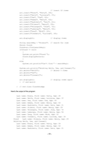 // insert 10 items
            arr.insert("Evans", "Patty", 24);
            arr.insert("Smith", "Lorraine", 37);
            arr.insert("Yee", "Tom", 43);
            arr.insert("Adams", "Henry", 63);
            arr.insert("Hashimoto", "Sato", 21);
            arr.insert("Stimson", "Henry", 29);
            arr.insert("Velasquez", "Jose", 72);
            arr.insert("Lamarque", "Henry", 54);
            arr.insert("Vang", "Minh", 22);
            arr.insert("Creswell", "Lucinda", 18);

            arr.displayA();                 // display items

            String searchKey = "Stimson"; // search for item
            Person found;
            found=arr.find(searchKey);
            if(found != null)
               {
               System.out.print("Found ");
               found.displayPerson();
               }
            else
               System.out.println("Can't find " + searchKey);

            System.out.println("Deleting Smith, Yee, and Creswell");
            arr.delete("Smith");           // delete 3 items
            arr.delete("Yee");
            arr.delete("Creswell");

            arr.displayA();                 // display items again
            } // end main()

       }    // end class ClassDataApp

Here's the output of this program:

      Last name: Evans, First name: Patty, Age: 24
      Last name: Smith, First name: Lorraine, Age: 37
      Last name: Yee, First name: Tom, Age: 43
      Last name: Adams, First name: Henry, Age: 63
      Last name: Hashimoto, First name: Sato, Age: 21
      Last name: Stimson, First name: Henry, Age: 29
      Last name: Velasquez, First name: Jose, Age: 72
      Last name: Lamarque, First name: Henry, Age: 54
      Last name: Vang, First name: Minh, Age: 22
      Last name: Creswell, First name: Lucinda, Age: 18
   Found    Last name: Stimson, First name: Henry, Age: 29
   Deleting Smith, Yee, and Creswell
      Last name: Evans, First name: Patty, Age: 24
      Last name: Adams, First name: Henry, Age: 63
      Last name: Hashimoto, First name: Sato, Age: 21


                                        - 59 -
 