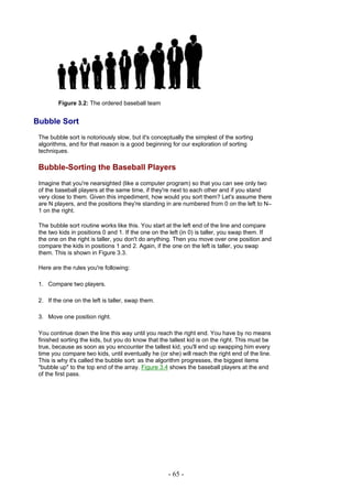 Figure 3.2: The ordered baseball team


Bubble Sort
 The bubble sort is notoriously slow, but it's conceptually the simplest of the sorting
 algorithms, and for that reason is a good beginning for our exploration of sorting
 techniques.

 Bubble-Sorting the Baseball Players
 Imagine that you're nearsighted (like a computer program) so that you can see only two
 of the baseball players at the same time, if they're next to each other and if you stand
 very close to them. Given this impediment, how would you sort them? Let's assume there
 are N players, and the positions they're standing in are numbered from 0 on the left to N–
 1 on the right.

 The bubble sort routine works like this. You start at the left end of the line and compare
 the two kids in positions 0 and 1. If the one on the left (in 0) is taller, you swap them. If
 the one on the right is taller, you don't do anything. Then you move over one position and
 compare the kids in positions 1 and 2. Again, if the one on the left is taller, you swap
 them. This is shown in Figure 3.3.

 Here are the rules you're following:

 1. Compare two players.

 2. If the one on the left is taller, swap them.

 3. Move one position right.

 You continue down the line this way until you reach the right end. You have by no means
 finished sorting the kids, but you do know that the tallest kid is on the right. This must be
 true, because as soon as you encounter the tallest kid, you'll end up swapping him every
 time you compare two kids, until eventually he (or she) will reach the right end of the line.
 This is why it's called the bubble sort: as the algorithm progresses, the biggest items
 "bubble up" to the top end of the array. Figure 3.4 shows the baseball players at the end
 of the first pass.




                                                     - 65 -
 
