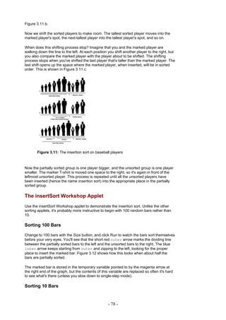 Figure 3.11.b.

Now we shift the sorted players to make room. The tallest sorted player moves into the
marked player's spot, the next-tallest player into the tallest player's spot, and so on.

When does this shifting process stop? Imagine that you and the marked player are
walking down the line to the left. At each position you shift another player to the right, but
you also compare the marked player with the player about to be shifted. The shifting
process stops when you've shifted the last player that's taller than the marked player. The
last shift opens up the space where the marked player, when inserted, will be in sorted
order. This is shown in Figure 3.11.c.




       Figure 3.11: The insertion sort on baseball players



Now the partially sorted group is one player bigger, and the unsorted group is one player
smaller. The marker T-shirt is moved one space to the right, so it's again in front of the
leftmost unsorted player. This process is repeated until all the unsorted players have
been inserted (hence the name insertion sort) into the appropriate place in the partially
sorted group.

The insertSort Workshop Applet
Use the insertSort Workshop applet to demonstrate the insertion sort. Unlike the other
sorting applets, it's probably more instructive to begin with 100 random bars rather than
10.

Sorting 100 Bars

Change to 100 bars with the Size button, and click Run to watch the bars sort themselves
before your very eyes. You'll see that the short red outer arrow marks the dividing line
between the partially sorted bars to the left and the unsorted bars to the right. The blue
inner arrow keeps starting from outer and zipping to the left, looking for the proper
place to insert the marked bar. Figure 3.12 shows how this looks when about half the
bars are partially sorted.

The marked bar is stored in the temporary variable pointed to by the magenta arrow at
the right end of the graph, but the contents of this variable are replaced so often it's hard
to see what's there (unless you slow down to single-step mode).

Sorting 10 Bars


                                                    - 78 -
 