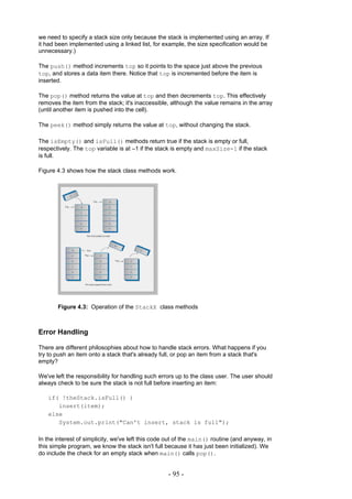 we need to specify a stack size only because the stack is implemented using an array. If
it had been implemented using a linked list, for example, the size specification would be
unnecessary.)

The push() method increments top so it points to the space just above the previous
top, and stores a data item there. Notice that top is incremented before the item is
inserted.

The pop() method returns the value at top and then decrements top. This effectively
removes the item from the stack; it's inaccessible, although the value remains in the array
(until another item is pushed into the cell).

The peek() method simply returns the value at top, without changing the stack.

The isEmpty() and isFull() methods return true if the stack is empty or full,
respectively. The top variable is at –1 if the stack is empty and maxSize-1 if the stack
is full.

Figure 4.3 shows how the stack class methods work.




       Figure 4.3: Operation of the StackX class methods



Error Handling

There are different philosophies about how to handle stack errors. What happens if you
try to push an item onto a stack that's already full, or pop an item from a stack that's
empty?

We've left the responsibility for handling such errors up to the class user. The user should
always check to be sure the stack is not full before inserting an item:

   if( !theStack.isFull() )
      insert(item);
   else
      System.out.print("Can't insert, stack is full");

In the interest of simplicity, we've left this code out of the main() routine (and anyway, in
this simple program, we know the stack isn't full because it has just been initialized). We
do include the check for an empty stack when main() calls pop().


                                                   - 95 -
 