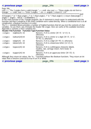 < previous page page_396 next page >
Page 396
cout << ''The 3 angles form a valid triangle." << endl; else cout << "Those angles do not form a
triangle." << endl; cout << "Enter 3 angles: "; cin >> angleA; } return 0; } //
****************************************************************** bool
IsTriangle( /* in */ float angle1, /* in */ float angle2, /* in */ float angle3 ) { return (fabs(angle1 +
angle2 + angle3 - 180.0) < 0.00000001); }
In the main function of the Triangle program, the If statement is much easier to understand with the
function call than it would be if the entire condition were coded directly. When a conditional test is at all
complicated, a Boolean function is in order.
The C++ standard library provides a number of helpful functions that let you test the contents of char
variables. To use them, you #include the header file cctype. Here are some of the available functions;
Appendix C contains a more complete list.
Header File Function Function Type Function Value
<cctype> isalpha(ch) int Nonzero, if ch is a letter ('A'–'Z', 'a'–'z'); 0,
otherwise
<cctype> isalnum(ch) int Nonzero, if ch is a letter or a digit ('A'–'Z', 'a'–'z',
'0'–'9'); 0, otherwise
<cctype> isdigit(ch) int Nonzero, if ch is a digit ('0'–'9'); 0, otherwise
<cctype> islower(ch) int Nonzero, if ch is a lowercase letter ('a'–'z'); 0,
otherwise
<cctype> isspace(ch) int Nonzero, if ch is a whitespace character (blank,
newline, tab, carriage return, form feed); 0,
otherwise
<cctype> isupper(ch) int Nonzero, if ch is an uppercase letter ('A'–'Z'); 0,
otherwise
Although they return int values, the "is..." functions behave like Boolean functions. They return an int
value that is nonzero (coerced to true in an If or While
< previous page page_396 next page >
 