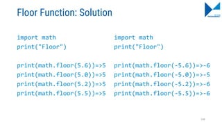 Floor Function: Solution
import math
print("Floor")
print(math.floor(5.6))=>5
print(math.floor(5.0))=>5
print(math.floor(5.2))=>5
print(math.floor(5.5))=>5
import math
print("Floor")
print(math.floor(-5.6))=>-6
print(math.floor(-5.0))=>-5
print(math.floor(-5.2))=>-6
print(math.floor(-5.5))=>-6
108
 