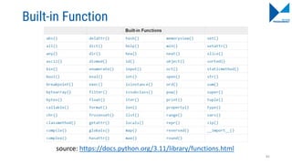 Built-in Function
source: https://docs.python.org/3.11/library/functions.html
82
 