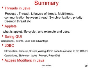 Summary
Threads in Java
Process , Thread , Lifecycle of thread, Multithread,
communication between thread, Synchronization, priority
Daemon thread etc
Applets
what is applet, life cycle , and example and uses.
Swing GUI
Component, events, used and advantage
JDBC
Introduction, features,Drivers,Writing JDBC code to connect to DB,CRUD
Operations, Statement types ,Rowset, ResultSet
Access Modifiers in Java
Java Values 29
 