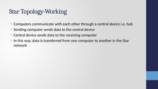 Star Topology-Working
• Computers communicate with each other through a central device i.e. hub
• Sending computer sends data to the central device
• Central device sends data to the receiving computer
• In this way, data is transferred from one computer to another in the Star
network
 