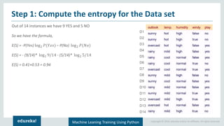 Copyright © 2018, edureka and/or its affiliates. All rights reserved.Machine Leaning Training Using Python
Out of 14 instances we have 9 YES and 5 NO
So we have the formula,
E(S) = -P(Yes) log2 𝑃(𝑌𝑒𝑠) − P(No) log2 𝑃(𝑁𝑜)
E(S) = - (9/14)* log2 9/14 - (5/14)* log2 5/14
E(S) = 0.41+0.53 = 0.94
Step 1: Compute the entropy for the Data set
D1
D2
D3
D4
D5
D6
D7
D8
D9
D10
D11
D12
D13
D14
 
