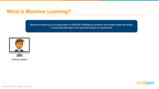 What is Machine Learning?
Machine Learning is an application of Artificial Intelligence wherein the system gets the ability
to automatically learn and improve based on experience
Ordinary system
 