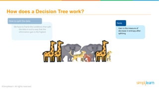 How to split the data
We have to frame the conditions that split
the data in such a way that the
information gain is the highest
Note
Gain is the measure of
decrease in entropy after
splitting
How does a Decision Tree work?
 
