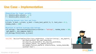 Use Case – Implementation
#Seperating the Target variable
X = balance_data.values[:, 1:5]
Y = balance_data.values[:,0]
#Spliting Dataset into Test and Train
X_train, X_test, y_train, y_test = train_test_split( X, Y, test_size = 0.3,
random_state = 100)
#Function to perform training with Entropy
clf_entropy = DecisionTreeClassifier(criterion = "entropy", random_state = 100,
max_depth=3, min_samples_leaf=5)
clf_entropy.fit(X_train, y_train)
 