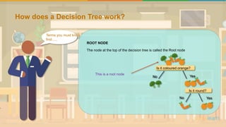 How does a Decision Tree work?
ROOT NODE
The node at the top of the decision tree is called the Root node
Is it coloured orange?
Is it round?
No Yes
YesNo
This is a root node
Terms you must know
first…..
 