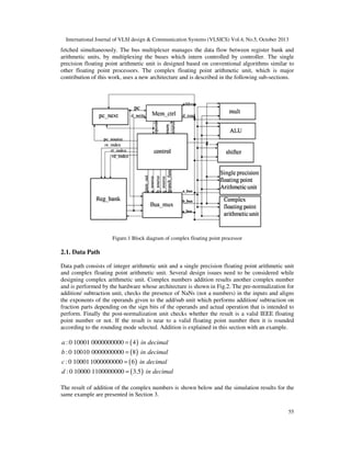 International Journal of VLSI design & Communication Systems (VLSICS) Vol.4, No.5, October 2013

fetched simultaneously. The bus multiplexer manages the data flow between register bank and
arithmetic units, by multiplexing the buses which intern controlled by controller. The single
precision floating point arithmetic unit is designed based on conventional algorithms similar to
other floating point processors. The complex floating point arithmetic unit, which is major
contribution of this work, uses a new architecture and is described in the following sub-sections.

Figure.1 Block diagram of complex floating point processor

2.1. Data Path
Data path consists of integer arithmetic unit and a single precision floating point arithmetic unit
and complex floating point arithmetic unit. Several design issues need to be considered while
designing complex arithmetic unit. Complex numbers addition results another complex number
and is performed by the hardware whose architecture is shown in Fig.2. The pre-normalization for
addition/ subtraction unit, checks the presence of NaNs (not a numbers) in the inputs and aligns
the exponents of the operands given to the add/sub unit which performs addition/ subtraction on
fraction parts depending on the sign bits of the operands and actual operation that is intended to
perform. Finally the post-normalization unit checks whether the result is a valid IEEE floating
point number or not. If the result is near to a valid floating point number then it is rounded
according to the rounding mode selected. Addition is explained in this section with an example.

a : 0 10001 0000000000 = ( 4 ) in decimal
b : 0 10010 0000000000 = ( 8 ) in decimal
c : 0 10001 1000000000 = ( 6 ) in decimal
d : 0 10000 1100000000 = ( 3.5 ) in decimal
The result of addition of the complex numbers is shown below and the simulation results for the
same example are presented in Section 3.
55

 