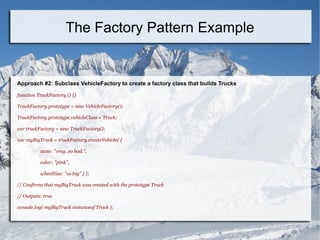 Approach #2: Subclass VehicleFactory to create a factory class that builds Trucks
function TruckFactory () {}
TruckFactory.prototype = new VehicleFactory();
TruckFactory.prototype.vehicleClass = Truck;
var truckFactory = new TruckFactory();
var myBigTruck = truckFactory.createVehicle( {
state: "omg..so bad.",
color: "pink",
wheelSize: "so big" } );
// Confirms that myBigTruck was created with the prototype Truck
// Outputs: true
console.log( myBigTruck instanceof Truck );
The Factory Pattern Example
 