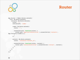 Router

App.Router = Ember.Router.extend({
  root: Em.Route.extend({
    contacts: Em.Route.extend({
      route: '/',
      redirectsTo: 'index'

            index: Em.Route.extend({
              route: '/',

        connectOutlets: function(router) {
          router.get('applicationController').connectOutlet('contacts',
App.Contacts.findAll());
        }
      }),

            contact: Em.Route.extend({
              route: '/contacts/:contact_id',

                 connectOutlets: function(router, context) {
                    router.get('contactsController').connectOutlet('contact', context);
                 },
            })
       })
  })
});




22
 
