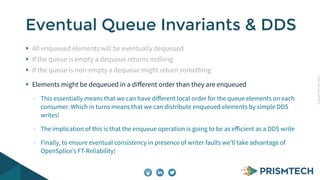 CopyrightPrismTech,2015
All enqueued elements will be eventually dequeued
If the queue is empty a dequeue returns nothing
If the queue is non-empty a dequeue might return something
Elements might be dequeued in a diﬀerent order than they are enqueued
- This essentially means that we can have diﬀerent local order for the queue elements on each
consumer. Which in turns means that we can distribute enqueued elements by simple DDS
writes!
- The implication of this is that the enqueue operation is going to be as eﬀicient as a DDS write
- Finally, to ensure eventual consistency in presence of writer faults we’ll take advantage of
OpenSplice’s FT-Reliability!
Eventual Queue Invariants & DDS
 