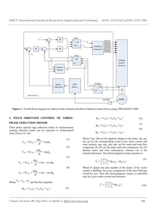 IJRET: International Journal of Research in Engineering and Technology eISSN: 2319-1163 | pISSN: 2321-7308
__________________________________________________________________________________________
Volume: 02 Issue: 09 | Sep-2013, Available @ http://www.ijret.org 180
Figure 1: Overall block diagram for indirect field oriented controlled of induction motor drives using TMS320F2812 DSP
2. FIELD ORIENTED CONTROL OF THREE-
PHASE INDUCTION MOTOR
Three phase squirrel cage induction motor in synchronously
rotating reference frame can be represent in mathematical
form [10] as (1) –(8):
dse
qs
qssqs
dt
d
iRV ϕω
ϕ
++=
(1)
qse
ds
dssds
dt
d
iRV ϕω
ϕ
−+=
(2)
drre
qr
qrrqr
dt
d
iRV ϕωω
ϕ
)( −++=
(3)
qrre
dr
drrdr
dt
d
iRV ϕωω
ϕ
)( −++=
(4)
Where
,qrV 0=drV , and the flux equation:
)( qrqsmqsLsqs iiLiL ++=ϕ (5)
)( qrqsmqrlrqr iiLiL ++=ϕ (6)
)( drdsmdslsds iiLiL ++=ϕ (7)
)( drdsmdrlrdr iiLiL ++=ϕ
(8)
Where Vqs, Vds are the applied voltages to the stator, ids, iqs,
idr, iqr are the corresponding d and q axis stator current and
rotor currents. φqs, φqr, φds, φdr, are the stator and rotor flux
component, Rs, Rr are the stator and rotor resistances, Lls, Llr
denotes stator and rotor inductances, whereas Lm is the
mutual inductance. The electromagnetic torque equation is:
)(
22
3
dsqrqsdr
r
m
e ii
L
LP
T ϕϕ −=
(9)
Where P, denote the pole number of the motor. If the vector
control is fulfilled, the q-axis component of the rotor field φqr
would be zero. Then the electromagnetic torque is controlled
only by q-axis stator current and becomes:
)(
22
3
qsdr
r
m
e i
L
LP
T ϕ= (10)
 