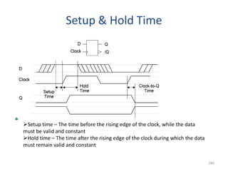 Setup & Hold Time
Setup time – The time before the rising edge of the clock, while the data
must be valid and constant
Hold time – The time after the rising edge of the clock during which the data
must remain valid and constant
280
 