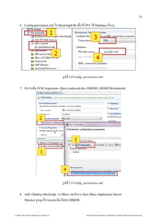 31

        6. Config persistence.xml ใน BookAppEJB เพัฒน)*อให JPA ใช้ในการประกอ Database ท*ระบ'




                                                                                                รปที่  3.4 Config                            persistence.xml


        7.      ท4าการเพัฒน*ม JVM Arguments -Djava.endorsed.dirs=$JBOSS_HOME/lib/endorsed




                                                                                                รปที่  3.5 Config                            persistence.xml


        8. Add (Deploy) BookApp                          ลักสูตร Mini Master of Java Technology คณะเทคโนโลยีสารสนเทศง JBoss แลักสูตร Mini Master of Java Technology คณะเทคโนโลยีสารสนเทศะท4าการ Start JBoss Application Server
                Monitor ด้วย Enterprise  log ท* Console ตองไม1พัฒนบ ERROR



การพัฒนฒนาโปรแกรมด้วย Enterprise วย Enterprise Java Bean 3.0                                                                                       Assoc.Prof.Dr.Thanachart Numnonda/ Asst Prof.Thanisa Kruawaisayawan
 