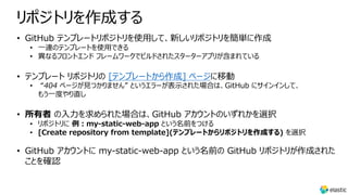 リポジトリを作成する
• GitHub テンプレートリポジトリを使⽤して、新しいリポジトリを簡単に作成
• ⼀連のテンプレートを使⽤できる
• 異なるフロントエンド フレームワークでビルドされたスターターアプリが含まれている
• テンプレート リポジトリの [テンプレートから作成] ページに移動
• “404 ページが⾒つかりません” というエラーが表⽰された場合は、GitHub にサインインして、
もう⼀度やり直し
• 所有者 の⼊⼒を求められた場合は、GitHub アカウントのいずれかを選択
• リポジトリに 例︓my-static-web-app という名前をつける
• [Create repository from template](テンプレートからリポジトリを作成する) を選択
• GitHub アカウントに my-static-web-app という名前の GitHub リポジトリが作成された
ことを確認
 