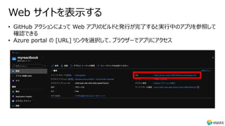 Web サイトを表⽰する
• GitHub アクションによって Web アプリのビルドと発⾏が完了すると実⾏中のアプリを参照して
確認できる
• Azure portal の [URL] リンクを選択して、ブラウザーでアプリにアクセス
 