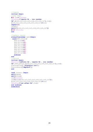 29
//inputs
initial begin
//reg temp;
#30 ins=$random;
$display("inputs:%b , ins random:
%b",{inG,in1,in2,in3,in4,in5,in6,in7},ins);
{inG,in1,in2,in3,in4,in5,in6,in7}=ins;
repeat(3)
intest;
wait(!{inG,in1,in2,in3,in4,in5,in6,in7})
#100 $finish;
end
//update inputs
always@(posedge open)begin
case(DUT.nfloor)
DUT.G:inG=0;
DUT.F1:in1=0;
DUT.F2:in2=0;
DUT.F3:in3=0;
DUT.F4:in4=0;
DUT.F5:in5=0;
DUT.F6:in6=0;
DUT.F7:in7=0;
endcase
end
//record
initial begin
$monitor("pfloor:%d , inputs:%b , ins random:
%b",DUT.pfloor,{inG,in1,in2,in3,in4,in5,in6,in7},ins);
$recordfile("./elevator.trn");
$recordvars("depth=0");
end
task intest; begin
wait(open)
wait(close)
ins=$random;
ins=(ins|{inG,in1,in2,in3,in4,in5,in6,in7});
{inG,in1,in2,in3,in4,in5,in6,in7}=ins;
$display("ins after:%b",ins);
end endtask
endmodule
 