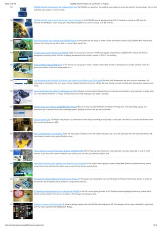 9/6/22, 3:00 PM Esp8266 Arduino Projects List -Use Arduino for Projects
https://duino4projects.com/esp8266-arduino-projects-list/ 13/16
153. ESP8266 Tutorial: Programming the Onboard GPIO Pins The ESP8266 is a great tool for enabling your project to access the internet. You can plug it into an Ard
and allow your project to communicate…
154. ESP8266 Tutorial: How to Control Anything From the Internet! In this ESP8266 tutorial, we are using an ESP-01 module to control an LED over the
internet. The ESP8266 is a very cheap yet really effective platform for communicating over the internet.…
155. Home Automation using Arduino and ESP8266 Module In this project we are going to make a home automation system using ESP8266 WiFi module and
Arduino Uno. Using this we will be able to control lights, electric fan…
156. IoT Data Logger using Arduino and ESP8266 Today we are going to make an IoT WiFi data logger using Arduino, ESP8266 WiFi module and DHT22
temperature humidity sensor. Arduino is reading temperature and humidity sensed by DHT22 and sending…
157. Arduino Weather Station Web Server In this tutorial we are going to make a weather station that will tell us temperature, humidity and heat index of a
particular location. It will show these values in a…
158. Live Temperature and Humidity Monitoring over Internet using Arduino and ThingSpeak Humidity and Temperature are very common parameters for
measuring at many places like farm, green house, medical, industries home and offices. We have already covered Humidity and Temperature Measurement
using…
159. How to Send Data from Arduino to Webpage using WiFi Wireless communication between Electronic devices and modules is very important, to make them
‘Fit’ in the World of Internet of Things. HTTP protocol and HTML language have made it possible…
160. Sending Email using Arduino and ESP8266 WiFi Module We are moving towards the World of Internet of Things (IoT). This technology plays a very
important role in the Electronics and Embedded system. Sending an Email from any Microcontroller…
161. Amazon Kitchen DRS The Project This project is a combination of the many smart fridges and pantry's of the past. The idea is to combine all of them while
also introducing Amazon's DRS…
162. WiFi Controlled Robot using Arduino There are many types of Robots, from the simple ones like a Toy car to the advanced ones like industrial Robots. We
have already covered many types of Robots using…
163. Track A Vehicle on Google Maps using Arduino, ESP8266 & GPS Vehicle Tracking System becomes very important now days, especially in case of stolen
vehicles. If you have GPS system installed in your vehicle, you can track you Vehicle Location, and…
164. Heart Beat Monitoring over Internet using Arduino and ThingSpeak In this project we are going to make a Heart Beat Detection and Monitoring System
using Arduino that will detect the heart beat using the Pulse Sensor and will show…
165. IOT based Air Pollution Monitoring System using Arduino In this project we are going to make an IOT Based Air Pollution Monitoring System in which we
will monitor the Air Quality over a webserver using internet and will…
166. IOT Based Dumpster Monitoring using Arduino & ESP8266 In this DIY, we are going to make an IOT based dumpster/garbage Monitoring System which
will tell us that whether the trash can is empty or full through the webserver and…
167. Nodemcu arduino interfacing project A guide to getting started with the ESP8266 with the Arduino IDE This assumes that yo have a NodeMCU type board
with the Silicon Labs CP2102 USB to UART Bridge.…
 