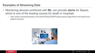 © 2017 MapR Technologies
Examples of Streaming Data
•  Monitoring devices combined with ML can provide alerts for Sepsis,
which is one of the leading causes for death in hospitals
–  http://www.computerweekly.com/news/450422258/Putting-sepsis-algorithms-into-electronic-
patient-records
 