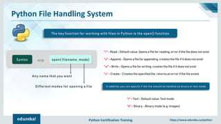 Python Certification Training https://www.edureka.co/python
Python File Handling System
The key function for working with files in Python is the open() function
Syntax open( filename, mode)
Any name that you want
Different modes for opening a file
"r" - Read - Default value. Opens a file for reading, error if the file does not exist
"a" - Append - Opens a file for appending, creates the file if it does not exist
"w" - Write - Opens a file for writing, creates the file if it does not exist
"x" - Create - Creates the specified file, returns an error if the file exists
"t" - Text - Default value. Text mode
"b" - Binary - Binary mode (e.g. images)
In addition you can specify if the file should be handled as binary or text mode
 