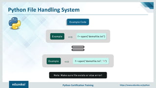 Python Certification Training https://www.edureka.co/python
Python File Handling System
Example Code
Example f = open(“demofile.txt”)
Example f = open(“demofile.txt”, “r”)
Note: Make sure file exists or else error!
 
