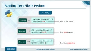 Python Certification Training https://www.edureka.co/python
Reading Text File In Python
file.read()
Example
> file = open(“testfile.text”, “r”)
> print file.readline(): Line by line output
Example
> file = open(“testfile.text”, “r”)
> print file.readline(3): Read third line only
Example
> file = open(“testfile.text”, “r”)
> print file.readlines(): Read lines separately
 