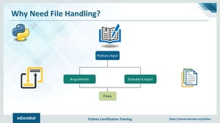 Python Certification Training https://www.edureka.co/python
Why Need File Handling?
Python Input
Arguments Standard Input
Files
 