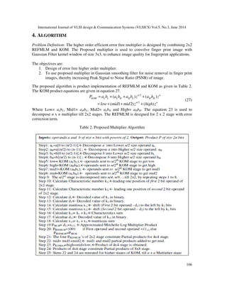 International Journal of VLSI design & Communication Systems (VLSICS) Vol.5, No.3, June 2014
106
4. ALGORITHM
Problem Definition: The higher order efficient error free multiplier is designed by combining 2x2
REFMLM and KOM. The Proposed multiplier is used to convolve finger print image with
Gaussian Filter kernel window of size 3x3, to enhance image quality for fingerprint applications.
The objectives are:
1. Design of error free higher order multiplier.
2. To use proposed multiplier in Gaussian smoothing filter for noise removal in finger print
images, thereby increasing Peak Signal to Noise Ratio (PSNR) of image.
The proposed algorithm is product implementation of REFMLM and KOM as given in Table 2.
The KOM product equations are given in equation 27.
/2
/2
( ) ( )
( 1 2) ( )
n n
KOM L L L H H L H H
n n
P a b a b a b z a b z
low mid mid z high z
= + + +
= + + +
(27)
Where Low= aLbL, Mid1= aHbL, Mid2= aLbH and High= aHbH. The equation 23 is used to
decompose n x n multiplier till 2x2 stages. The REFMLM is designed for 2 x 2 stage with error
correction term.
Table 2. Proposed Multiplier Algorithm
 