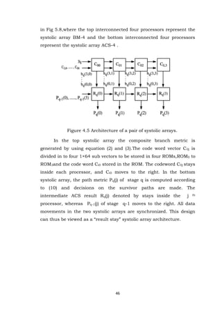 46 
in Fig 5.8,where the top interconnected four processors represent the systolic array BM-4 and the bottom interconnected four processors represent the systolic array ACS-4 . 
Figure 4.5 Architecture of a pair of systolic arrays. In the top systolic array the composite branch metric is generated by using equation (2) and (3).The code word vector C0j is divided in to four 1×64 sub vectors to be stored in four ROMs,ROM0 to ROM3and the code word Ci0 stored in the ROM. The codeword C0j stays inside each processor, and Ci0 moves to the right. In the bottom systolic array, the path metric Pq(j) of stage q is computed according to (10) and decisions on the survivor paths are made. The intermediate ACS result Rq(j) denoted by stays inside the j th processor, whereas Pq-1(j) of stage q-1 moves to the right. All data movements in the two systolic arrays are synchronized. This design can thus be viewed as a “result stay” systolic array architecture.  