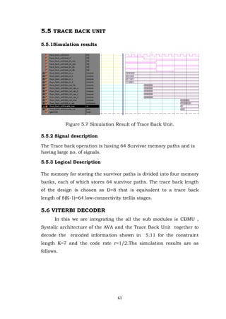 61 
5.5 TRACE BACK UNIT 5.5.1Simulation results 
Figure 5.7 Simulation Result of Trace Back Unit. 5.5.2 Signal description The Trace back operation is having 64 Survivor memory paths and is having large no. of signals. 5.5.3 Logical Description The memory for storing the survivor paths is divided into four memory banks, each of which stores 64 survivor paths. The trace back length of the design is chosen as D=8 that is equivalent to a trace back length of 8(K-1)=64 low-connectivity trellis stages. 5.6 VITERBI DECODER In this we are integrating the all the sub modules ie CBMU , Systolic architecture of the AVA and the Trace Back Unit together to decode the encoded information shown in 5.11 for the constraint length K=7 and the code rate r=1/2.The simulation results are as follows. 
 