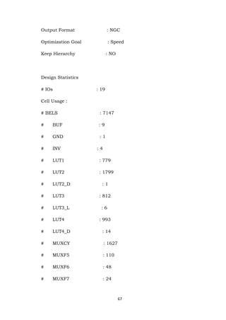 67 
Output Format : NGC Optimization Goal : Speed Keep Hierarchy : NO Design Statistics # IOs : 19 Cell Usage : # BELS : 7147 # BUF : 9 # GND : 1 # INV : 4 # LUT1 : 779 # LUT2 : 1799 # LUT2_D : 1 # LUT3 : 812 # LUT3_L : 6 # LUT4 : 993 # LUT4_D : 14 # MUXCY : 1627 # MUXF5 : 110 # MUXF6 : 48 # MUXF7 : 24  