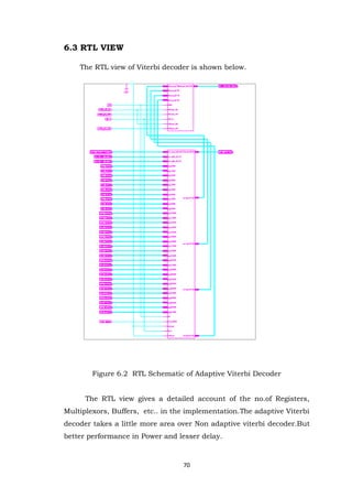 70 
6.3 RTL VIEW The RTL view of Viterbi decoder is shown below. 
Figure 6.2 RTL Schematic of Adaptive Viterbi Decoder The RTL view gives a detailed account of the no.of Registers, Multiplexors, Buffers, etc.. in the implementation.The adaptive Viterbi decoder takes a little more area over Non adaptive viterbi decoder.But better performance in Power and lesser delay. 
 