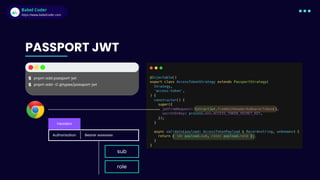 Babel Coder
Babel Coder
https://www.babelcoder.com
PASSPORT JWT
$ pnpm add passport-jwt
$ pnpm add -D @types/passport-jwt
Authorization Bearer xxxxxxxxx
Headers
sub
role
 