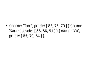 • { name: 'Tom', grade: [ 82, 75, 70 ] } { name:
'Sarah', grade: [ 83, 88, 91 ] } { name: 'Vu',
grade: [ 85, 79, 84 ] }
 