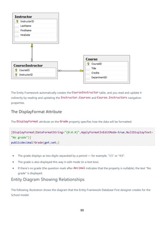 99
The Entity Framework automatically creates the CourseInstructor table, and you read and update it
indirectly by reading and updating the Instructor.Courses and Course.Instructors navigation
properties.
The DisplayFormat Attribute
The DisplayFormat attribute on the Grade property specifies how the data will be formatted:
[DisplayFormat(DataFormatString="{0:#.#}",ApplyFormatInEditMode=true,NullDisplayText=
"No grade")]
publicdecimal?Grade{get;set;}
• The grade displays as two digits separated by a period — for example, "3.5" or "4.0".
• The grade is also displayed this way in edit mode (in a text box).
• If there's no grade (the question mark after decimal indicates that the property is nullable), the text "No
grade" is displayed.
Entity Diagram Showing Relationships
The following illustration shows the diagram that the Entity Framework Database First designer creates for the
School model.
 