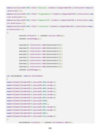 105
newCourse{CourseID=1045,Title="Calculus",Credits=4,DepartmentID=2,Instructors=newList
<Instructor>()},
newCourse{CourseID=3141,Title="Trigonometry",Credits=4,DepartmentID=2,Instructors=new
List<Instructor>()},
newCourse{CourseID=2021,Title="Composition",Credits=3,DepartmentID=1,Instructors=newL
ist<Instructor>()},
newCourse{CourseID=2042,Title="Literature",Credits=4,DepartmentID=1,Instructors=newLi
st<Instructor>()}
};
courses.ForEach(s => context.Courses.Add(s));
context.SaveChanges();
courses[0].Instructors.Add(instructors[0]);
courses[0].Instructors.Add(instructors[1]);
courses[1].Instructors.Add(instructors[2]);
courses[2].Instructors.Add(instructors[2]);
courses[3].Instructors.Add(instructors[3]);
courses[4].Instructors.Add(instructors[3]);
courses[5].Instructors.Add(instructors[3]);
courses[6].Instructors.Add(instructors[3]);
context.SaveChanges();
var enrollments =newList<Enrollment>
{
newEnrollment{StudentID=1,CourseID=1050,Grade=1},
newEnrollment{StudentID=1,CourseID=4022,Grade=3},
newEnrollment{StudentID=1,CourseID=4041,Grade=1},
newEnrollment{StudentID=2,CourseID=1045,Grade=2},
newEnrollment{StudentID=2,CourseID=3141,Grade=4},
newEnrollment{StudentID=2,CourseID=2021,Grade=4},
newEnrollment{StudentID=3,CourseID=1050},
newEnrollment{StudentID=4,CourseID=1050,},
newEnrollment{StudentID=4,CourseID=4022,Grade=4},
newEnrollment{StudentID=5,CourseID=4041,Grade=3},
newEnrollment{StudentID=6,CourseID=1045},
newEnrollment{StudentID=7,CourseID=3141,Grade=2},
};
enrollments.ForEach(s => context.Enrollments.Add(s));
 