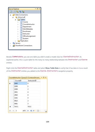 109
Besides EdmMetadata, you see one table you didn't create a model class for: CourseInstructor. As
explained earlier, this is a join table for the many-to-many relationship between the Instructor and Course
entities.
Right-click the CourseInstructor table and select Show Table Data to verify that it has data in it as a result
of the Instructor entities you added to the Course.Instructors navigation property.
 