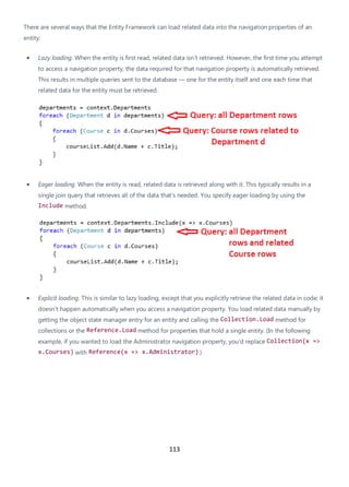 113
There are several ways that the Entity Framework can load related data into the navigation properties of an
entity:
• Lazy loading. When the entity is first read, related data isn't retrieved. However, the first time you attempt
to access a navigation property, the data required for that navigation property is automatically retrieved.
This results in multiple queries sent to the database — one for the entity itself and one each time that
related data for the entity must be retrieved.
• Eager loading. When the entity is read, related data is retrieved along with it. This typically results in a
single join query that retrieves all of the data that's needed. You specify eager loading by using the
Include method.
• Explicit loading. This is similar to lazy loading, except that you explicitly retrieve the related data in code; it
doesn't happen automatically when you access a navigation property. You load related data manually by
getting the object state manager entry for an entity and calling the Collection.Load method for
collections or the Reference.Load method for properties that hold a single entity. (In the following
example, if you wanted to load the Administrator navigation property, you'd replace Collection(x =>
x.Courses) with Reference(x => x.Administrator).)
 