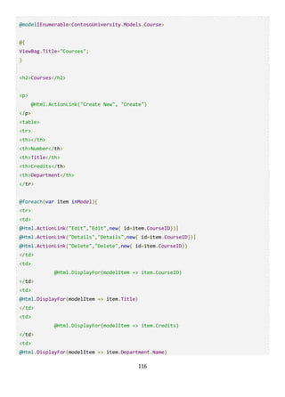 116
@modelIEnumerable<ContosoUniversity.Models.Course>
@{
ViewBag.Title="Courses";
}
<h2>Courses</h2>
<p>
@Html.ActionLink("Create New", "Create")
</p>
<table>
<tr>
<th></th>
<th>Number</th>
<th>Title</th>
<th>Credits</th>
<th>Department</th>
</tr>
@foreach(var item inModel){
<tr>
<td>
@Html.ActionLink("Edit","Edit",new{ id=item.CourseID})|
@Html.ActionLink("Details","Details",new{ id=item.CourseID})|
@Html.ActionLink("Delete","Delete",new{ id=item.CourseID})
</td>
<td>
@Html.DisplayFor(modelItem => item.CourseID)
</td>
<td>
@Html.DisplayFor(modelItem => item.Title)
</td>
<td>
@Html.DisplayFor(modelItem => item.Credits)
</td>
<td>
@Html.DisplayFor(modelItem => item.Department.Name)
 