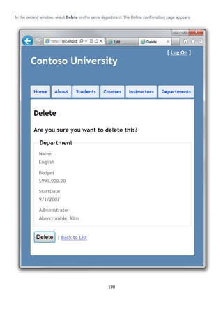 190
In the second window, select Delete on the same department. The Delete confirmation page appears.
 