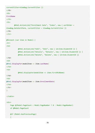 70
currentFilter=ViewBag.CurrentFilter })
</th>
<th>
FirstName
</th>
<th>
@Html.ActionLink("Enrollment Date", "Index", new { sortOrder =
ViewBag.DateSortParm, currentFilter = ViewBag.CurrentFilter })
</th>
</tr>
@foreach (var item in Model) {
<tr>
<td>
@Html.ActionLink("Edit", "Edit", new { id=item.StudentID }) |
@Html.ActionLink("Details", "Details", new { id=item.StudentID }) |
@Html.ActionLink("Delete", "Delete", new { id=item.StudentID })
</td>
<td>
@Html.DisplayFor(modelItem => item.LastName)
</td>
<td>
@Html.DisplayFor(modelItem => item.FirstMidName)
</td>
<td>
@Html.DisplayFor(modelItem => item.EnrollmentDate)
</td>
</tr>
}
</table>
<div>
Page @(Model.PageCount < Model.PageNumber ? 0 : Model.PageNumber)
of @Model.PageCount
@if (Model.HasPreviousPage)
{
 