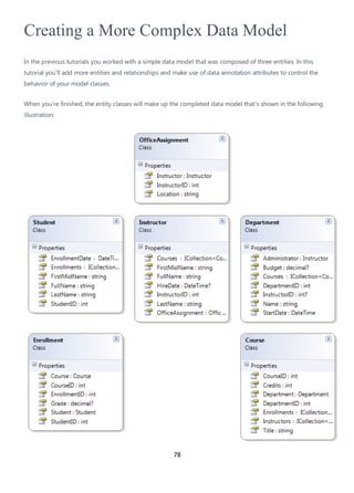 78
Creating a More Complex Data Model
In the previous tutorials you worked with a simple data model that was composed of three entities. In this
tutorial you'll add more entities and relationships and make use of data annotation attributes to control the
behavior of your model classes.
When you're finished, the entity classes will make up the completed data model that's shown in the following
illustration:
 