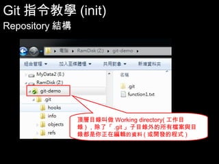 Git指令教學(init)
Repository結構




               頂層目錄叫做Working directory(工作目錄)，
               除了「.git」子目錄外的所有檔案與目錄都是
               你正在編輯的資料(或開發的程式)

                                                21
 