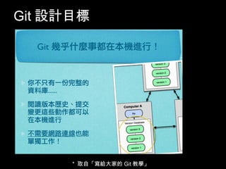 Git設計目標




                        9
     * 取自「寫給大家的Git教學」
 