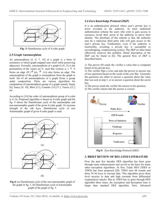IJRET: International Journal of Research in Engineering and Technology eISSN: 2319-1163 | pISSN: 2321-7308
__________________________________________________________________________________________
Volume: 03 Issue: 03 | Mar-2014, Available @ http://www.ijret.org 655
Fig- 3: Hamiltonian cycle of 4-cube graph
2.3 Graph Automorphism
An automorphism [3, 4, 7, 14] of a graph is a form of
symmetry in which graph mapped onto itself while preserving
adjacency. Formally, automorphism of a graph G (V, E) is the
permutation of the vertex set V, such that vertices u, v  V
forms an edge iff ( (u),  (v)) also forms an edge. The
automorphism of the graph is isomorphism from the graph to
itself. Set of all automorphisms of a graph forms a group
under composition. There are various algorithms for
computation of automorphism group of a graph namely Nauty
[8], Saucy [9, 10], Bliss [11], Conauto 2.0 [13 ], Traces [12 ]
etc.
According to [14] the order of automorphism group of n-cube
is n! 2n. Proposed algorithm is based on 4-cube graph and the
fig. 4 shows the Hamiltonian cycle of the automorphic and
non-automorphic graph of the given 4-cube graph. To increase
strength of the sub keys, Hamiltonian cycle of non
Automorphic graph of given 4-cube graph is used.
(a)
(b)
Fig-4: (a) Hamiltonian cycle of the non-automorphic graph of
the graph in fig. 3. (b) Hamiltonian cycle of automorphic
graph of the graph in fig. 3.
2.4 Zero Knowledge Protocol (ZKP)
It is an authentication protocol where user‟s private key is
never revealed to the authority. In most traditional
authentication scheme the users who wish to gain access to
resources reveal their secret to the authority to prove their
identity. The drawback of this scheme is that, the authority
may be a malicious third party who will gain access to the
user‟s private key. Furthermore, even if the authority is
trustworthy, revealing a private key is susceptible to
eavesdropping, compromising system. The ZKP on other hand
effectively removes this problem. Detail description of the
ZKP can be found in [6]. The general flow of ZKP is
described below.
1) The prover (P) sends the verifier a value that is computed
based on his private key.
2) The verifier flips a coin, and asks the prover to answer one
of two questions based on the result of the coin flip. Generally
the questions are either to answer a question about the value
that was sent in step 1, or to answer a question about the secret
key.
3) The prover sends the verifier the answer to his question.
4) The verifier checks that the answer is correct.
Fig-5: Zero Knowledge Protocol (ZKP)
3. BRIEF REVIEW OF RELATED LITERATURE
Over the past few decades DES algorithm has been gone
through many enhancements and served as the basis for many
other encryption algorithms. At first, Triple DES (3DES or
TDES) has been proposed [20]. TDES uses 48 rounds and
three 56 bit keys to encrypt data. This algorithm gives three
level security to data and high resistant from differential
cryptanalysis attacks. But as TDES has to gone through DES
algorithm three times, the encryption and decryption time is
larger than standard DES algorithm. Next, Advanced
 